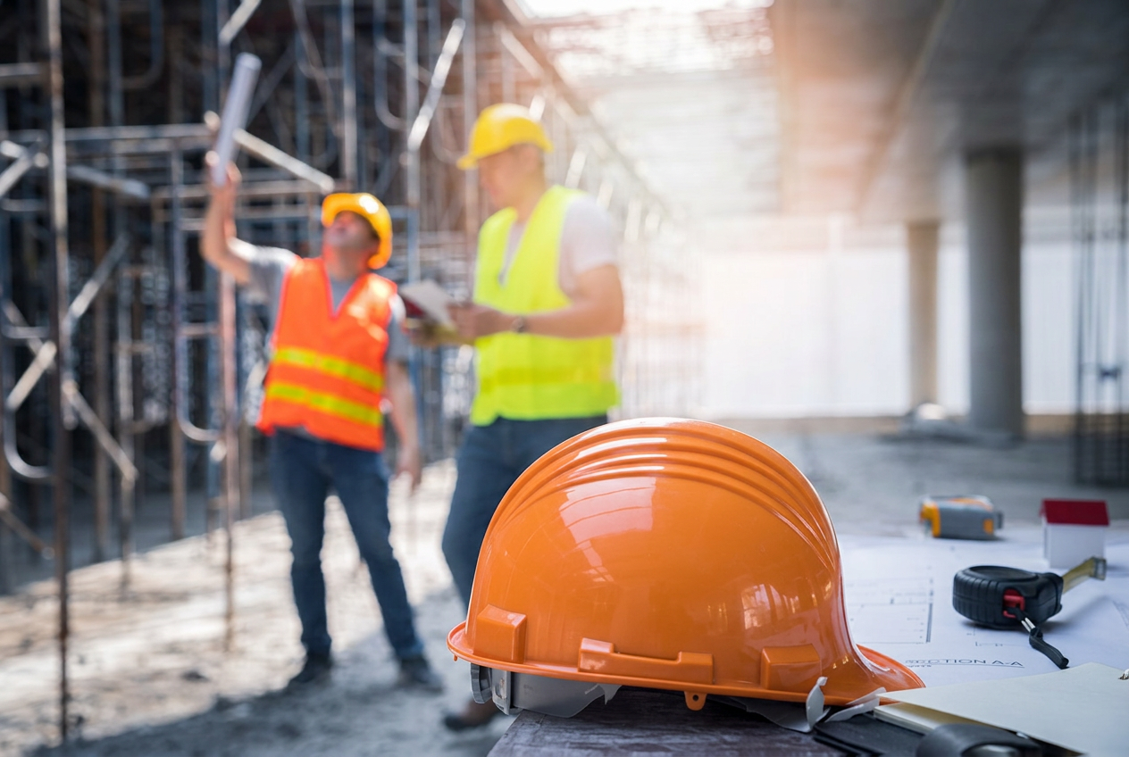 Safety helmet on drawings with engineers reviewing plans at a construction site
