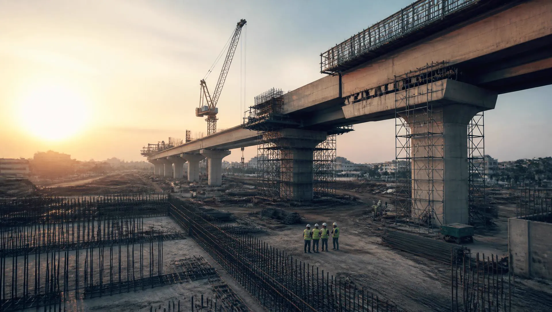 Engineers on an elevated highway viaduct construction site at sunrise