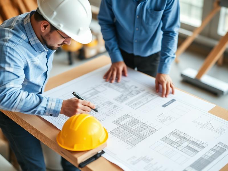 Engineers reviewing building drawings on site