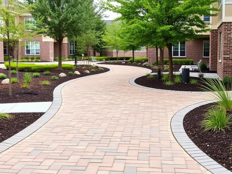 Paved pathway and landscaped hardscape at a campus